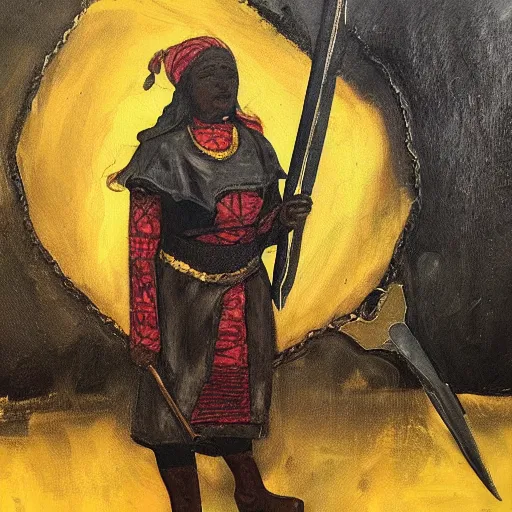 Prompt: black medieval hunter woman, expressive painting