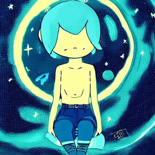 Prompt: relaxing in space in the style of lo-fi girl, anime, adventure time,