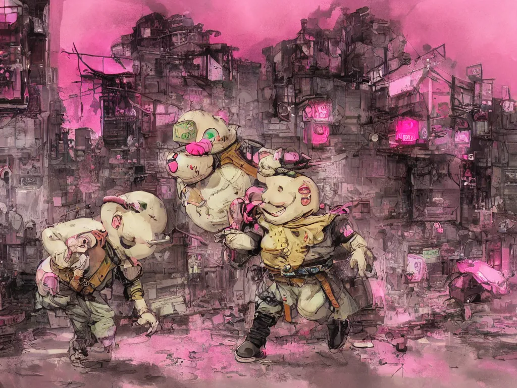 Image similar to Humpty Dumpty , fighting with a pink rubber monkey in a cyberpunk, post apocalyptic Tokyo, D&D, fantasy, highly detailed, digital painting, artstation, concept art, smooth, sharp focus, illustration, art by Bill Sienkiewicz
