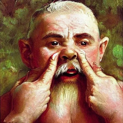 Prompt: a diamond-hungry dwarf with bulging eyes, puffed-out veins with outstretched fingers in the style of Ilya Repin