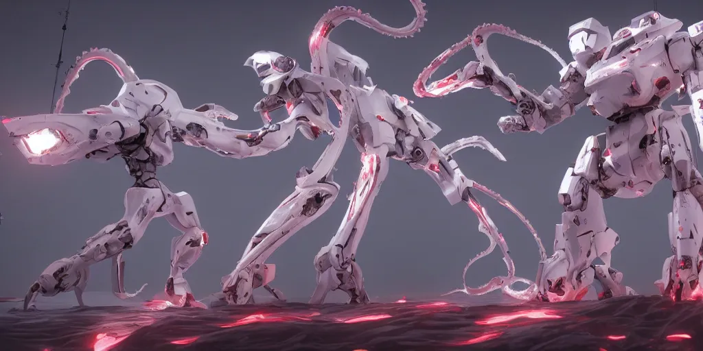 Image similar to white mecha armed with a long and thin lance fights against a giant horrifying tentacles monster made of real flesh, dark stellar space, highly detailed, flashy red lights, tsutomu nihei style, rendered in blender