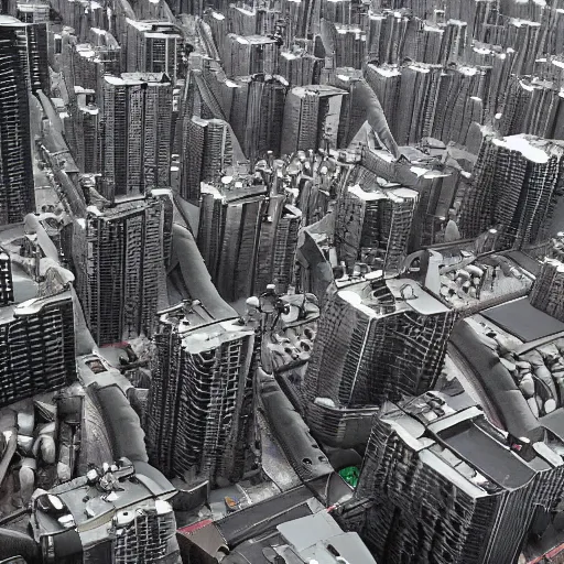 Prompt: apocalyptic city, buildings covered in black liquid rubber