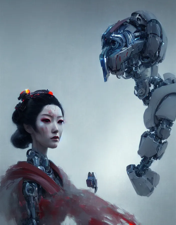 Image similar to portrait of a geisha robot by greg rutkowski and ruan jia, mecha, washed colors, dark, gloomy, matte painting, unreal engine 5