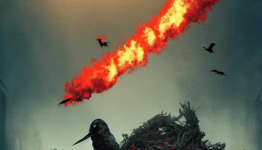 Image similar to movie poster of a horror movie about killer birds, dark background, red smoke, commercial billboard, hyperdetailed, artstation, cgsociety, 8 k