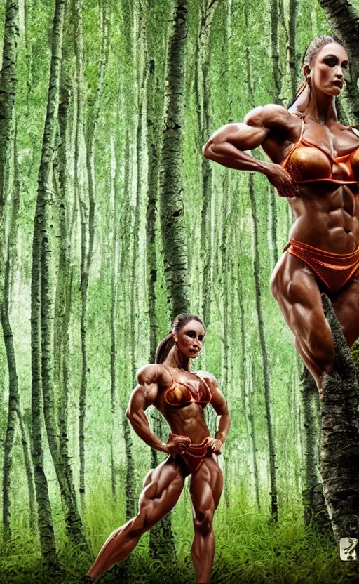 Image similar to photo of bodybuilder woman posing in birch forest in jeff koons hip hop bauhaus style, beautiful detailed face, ultra realistic, concept art, intricate details, serious, highly detailed, photorealistic, octane render, 8 k, unreal engine, natural light, art by todd mcfarlane