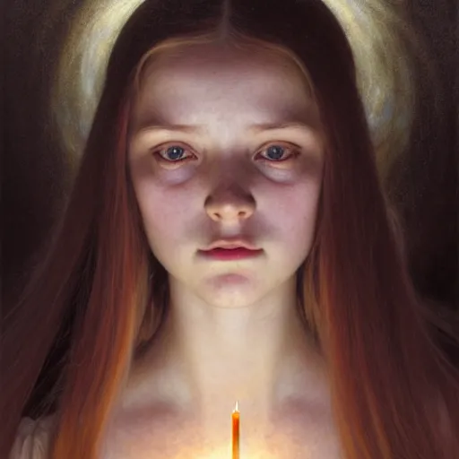 Image similar to portrait of an innocent girl manifesting eternity in a blink, face, fantasy, intricate, elegant, dramatic lighting, highly detailed, lifelike, photorealistic, digital painting, artstation, concept art, smooth, sharp focus, illustration, art by John Collier and Krenz Cushart and Artem Demura and Alphonse Mucha and and Albert Aublet