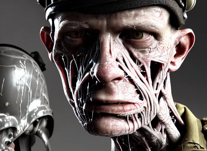 Image similar to mid shot portrait of wwii soldier with transparent skin, visible muscle and bones and veins and nerves, david cronenberg, hyperrealism, detailed textures, photorealistic 3 d cyberpunk apocalyptic city, futuristic clothing and helmet, ultra realistic, cinematic, intricate, cinematic light, unreal engine 8 k, octane render, unreal engine by david kostic and stanley lau and artgerm