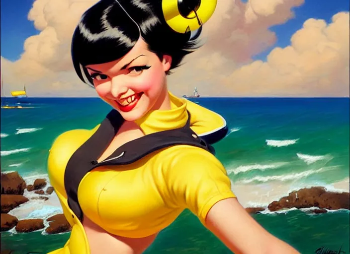 Prompt: the style of the artist gil elvgren, a girl with black hair, overwatch tracer, with a very beautiful symmetrical face, a smile on her face, tanned skin, in a yellow bikini, against the background of a sea beach, in art style, high detail, digital painting, hyperrealism