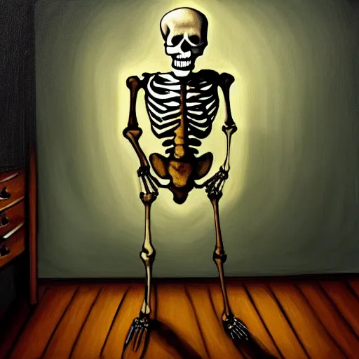 Image similar to skeleton wearing striped pajamas, rustic oil painting, in the style of tim jacobus, dungeons & dragons, magic the gathering, inside of a bedroom, with a nightcap, comfy, sleepy, dim lighting, warm, extremely detailed, sharp focus, 4 k