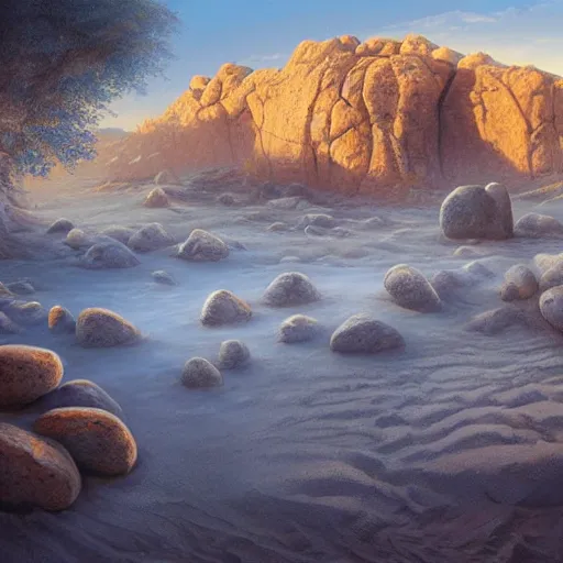 Prompt: a beautiful sand and ash landscape with rocks jutting out of the ground and a deep blue sky. dust clouds. by Peter Mohrbach and Mark Keathley, highly detailed concept art