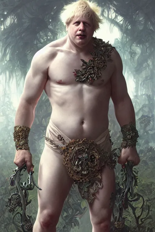 Image similar to portrait of boris johnson as a very pale hulking herculean demon, forest, godlike, full body, fantasy, intricate, elegant, highly detailed, digital painting, artstation, concept art, sharp focus, illustration, art by artgerm and greg rutkowski and alphonse mucha