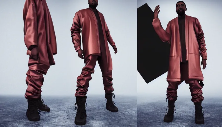 Image similar to high quality studio digital fashion art of a kanye west modelling yeezy futuristic hoddle. final product shot, all round angle. digital art, trending on artstation. marvelous designer. octane render. trending on futuristic fashion instagram.