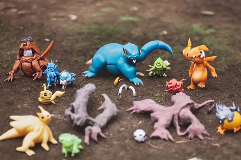 Prompt: autochrome photo of vintage disgusting brown Pokémon action figures, plastic Pokémon toys left outside for many years, backyard, kaiju, oni, realistic