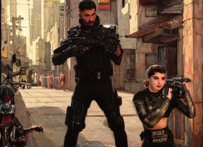 Image similar to Victor evades sgt Griggs. Athletic Cyberpunk hacker escaping Menacing Cyberpunk police trooper griggs. (dystopian, police state, Cyberpunk 2077, bladerunner 2049). Iranian orientalist portrait by john william waterhouse and Edwin Longsden Long and Theodore Ralli and Nasreddine Dinet, oil on canvas. Cinematic, vivid colors, hyper realism, realistic proportions, dramatic lighting, high detail 4k