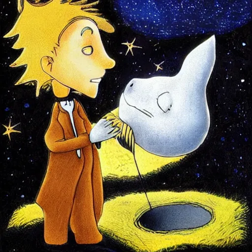 Prompt: the little prince talking to the fox, tim burton art