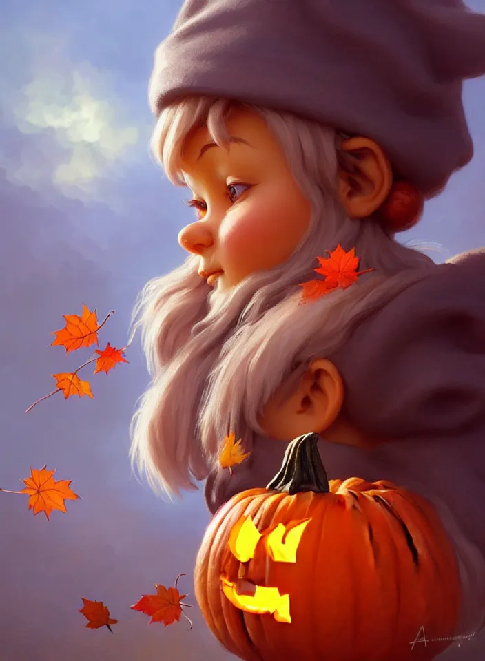 Image similar to hand drawn cute one gnomes face in autumn and pumpkin, detailed closeup face, concept art, low angle, high detail, warm lighting, volumetric, godrays, vivid, beautiful, trending on artstation, art by artgerm and greg rutkowski and alphonse mucha