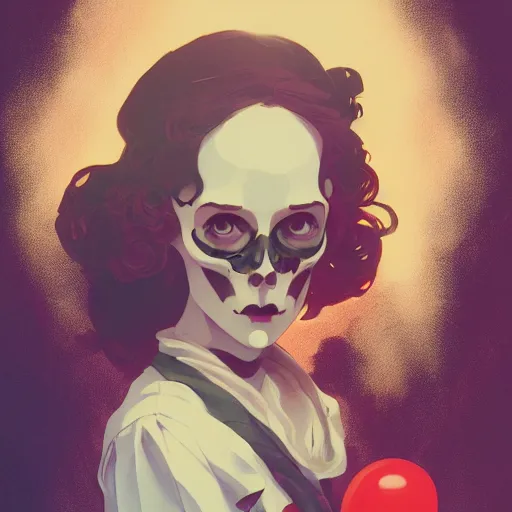 Prompt: a portrait of a girl holding balloons, skull face, in the style of mucha, charlie bowater, atey ghailan and mike mignola, vibrant colors and hard shadows and strong rim light, comic cover art, trending on artstation