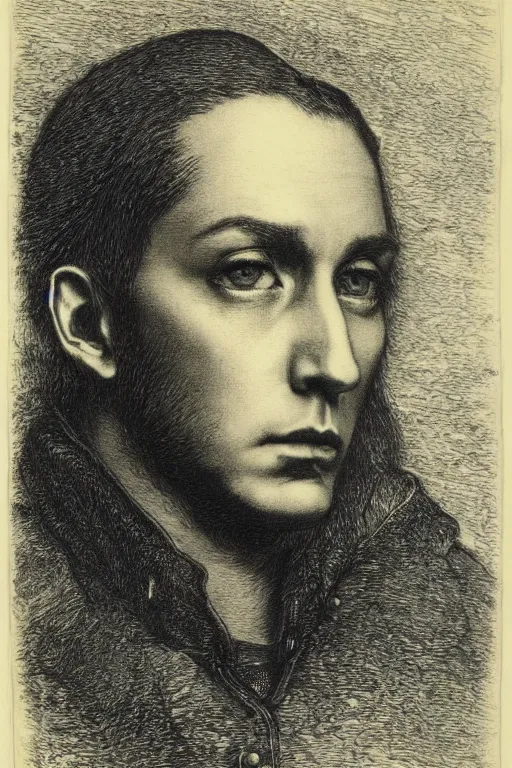 Image similar to portrait of eminem, Gustave Dore lithography