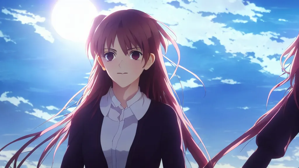 Image similar to emma watson, heavens feel movie, demon slayer, ufotable, kyoani, high quality, artstation, key visual, cinematic, city background, night time, rooftop, fate stay night, unlimited blade works, greg rutkowski, high resolution, dynamic pose, extreme close up, rin outfit, anime, high angle, high budget