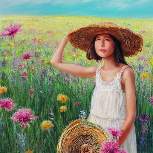 Prompt: girl straw hat and airy sundress exploring field of flowers. girl is holding picnic basket with hair flowing in the wind. beautiful picturesque sunny summer day. this scene looks like my dreams. she is happy to be in the most heavenly flower field ever. crystanthemums and grasses blowing in the gentle breeze. light colors. beautiful pastel painting.