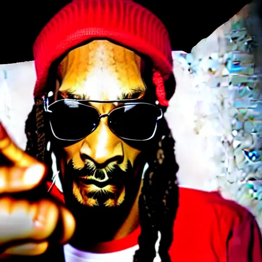 Image similar to Snoop Dog with big eyes eye color red , smiling and holding a joint in his hand