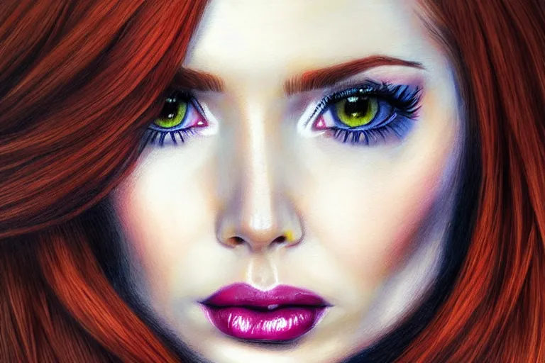 Image similar to sultry look in her eyes Karen Gillan close-up portrait looking straight on, complex artistic color pencil sketch illustration, full detail, gentle shadowing, fully immersive reflections and particle effects, chromatic aberration.