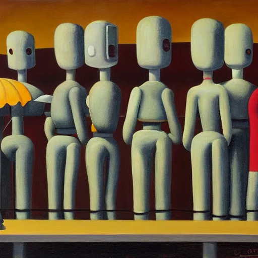 Image similar to robots queue up for ice cream, grant wood, pj crook, pj crook, ( ( ( edward hopper ) ) ), oil on canvas