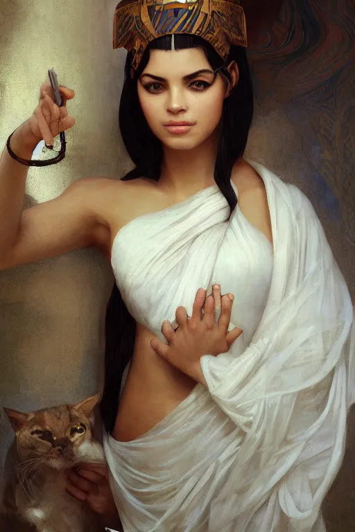 Image similar to soft light portrait of the beautiful egyptian goddess, bastet, bast, woman / cat hybrid, soft torchlight in an egyptian tomb, digital art by ruan jia and mandy jurgens and artgerm and william - adolphe bouguereau, by jean - leon gerome, highly detailed, trending on artstation, award winning,