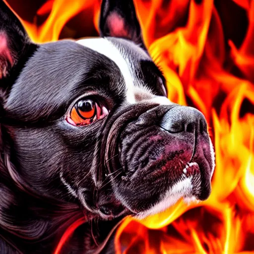 Image similar to ultra detailed photo of a dog with red flaming fur