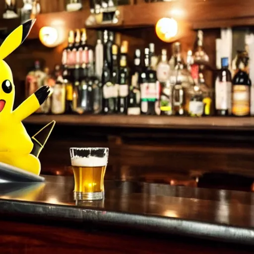 Image similar to pikachu sitting at the bar top of an Irish pub drinking beer