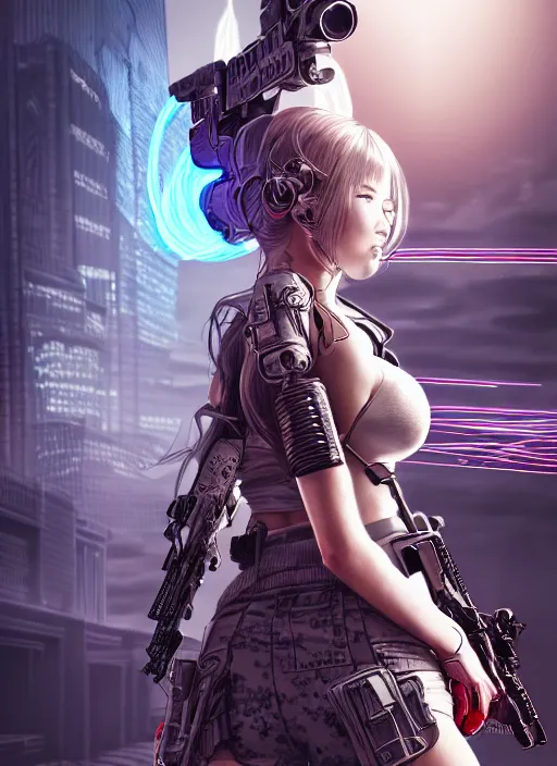 Image similar to the portrait of lawful neutral female cyberpunk marine sniper as absurdly beautiful, gorgeous, elegant, young gravure idol, an ultrafine hyperdetailed illustration by kim jung gi, irakli nadar, intricate linework, bright colors, octopath traveler, final fantasy, unreal engine 5 highly rendered, global illumination, radiant light, detailed and intricate environment