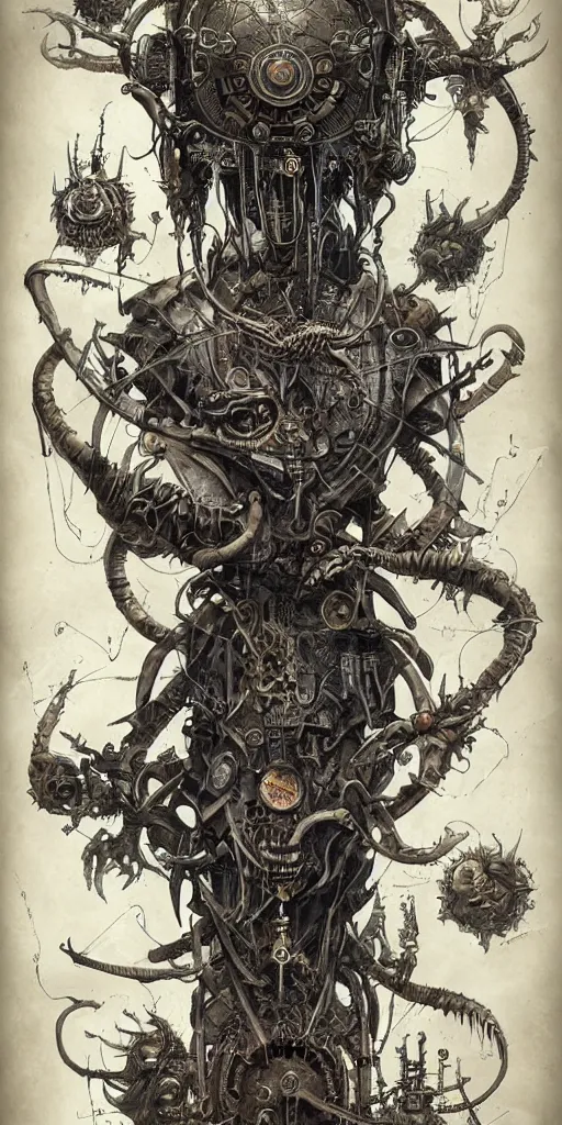 Prompt: a full page concept designs of extraterrestrial dark creature concept art, steampunk blueprint, intricate details, ink on paper, scientific, Highly detailed labeled, poster, Peter Mohrbacher