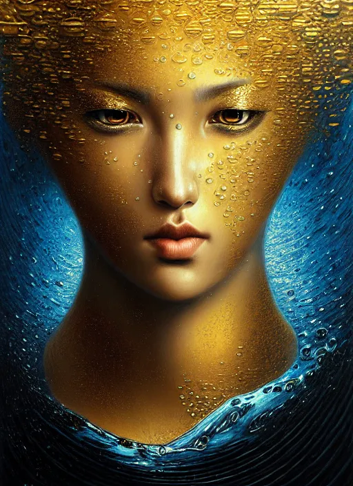 Image similar to portrait of water samurai, splashing water against black background, digital art, highly detailed illustration, Karol Bak, golden ratio, rule of thirds