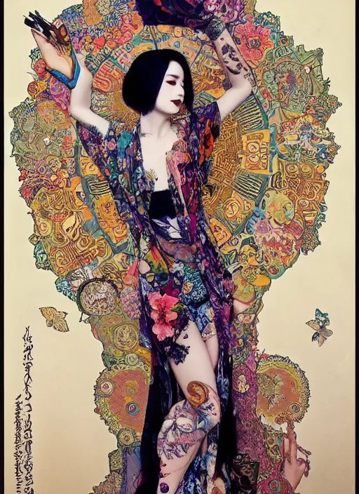 Image similar to cute punk goth fashion hippy fractal tattooed girl wearing kimono posing by Zhang Jingna, psychedelic poster art of by Victor Moscoso Rick Griffin Alphonse Mucha Gustav Klimt Ayami Kojima Amano Charlie Bowater, masterpiece