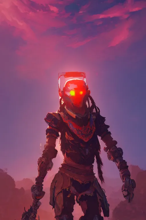 Image similar to combination suit armor aloy horizon forbidden west horizon zero dawn radiating a glowing aura global illumination ray tracing hdr fanart arstation by ian pesty and alena aenami artworks in 4 k tribal robot ninja mask helmet backpack