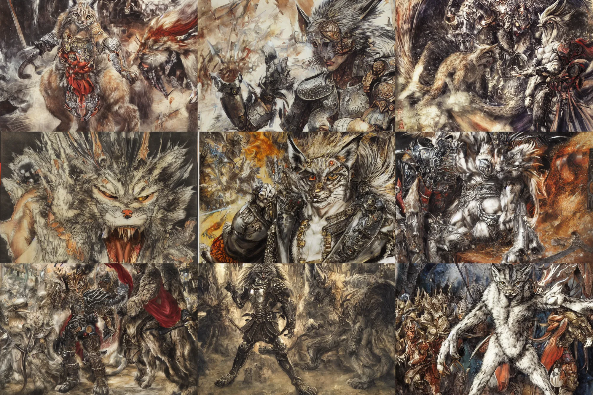 Image similar to 8k Yoshitaka Amano painting of upper body of a young cool looking lynx beast-man with white mane at a medieval market at windy day. Depth of field. He is wearing complex fantasy armors. He has huge paws. Renaissance style lighting.