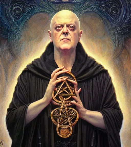 Image similar to A Magical Portrait of Aleister Crowley and the Great Mage of Thelema, art by Tom Bagshaw and Greg Simkins and Donato Giancola