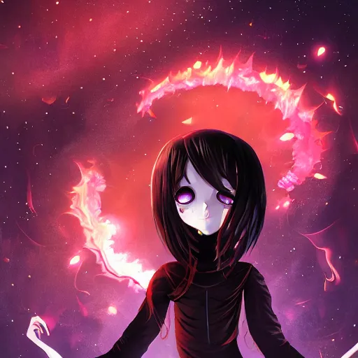 Image similar to gothic scream anime girl, night time, fire flies, epic, surreal atmosphere, nebula, award winning, 8 k, extremely detailed,