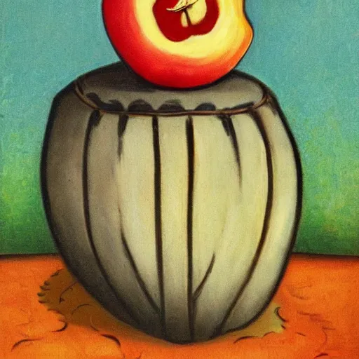 Image similar to house in a giant apple in the style of Adolf Fényes (1867–1945), Hungarian artist