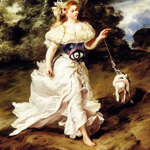 Prompt: heavenly summer sharp land sphere scallop well dressed lady walking her chiwawa on a leash auslese, by peter paul rubens and eugene delacroix and karol bak, hyperrealism, digital illustration, fauvist, chiwawa on a leash