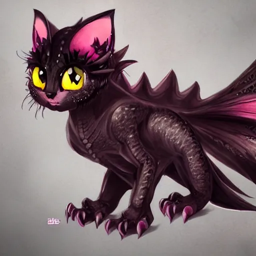 Image similar to an crossbreed between a dragon and a kitten, black fur, black wings, fantastic animal, magical, very cute, adorable, charming, amazing details, bright colors, ultra high definition, artstation pixiv, concept art,