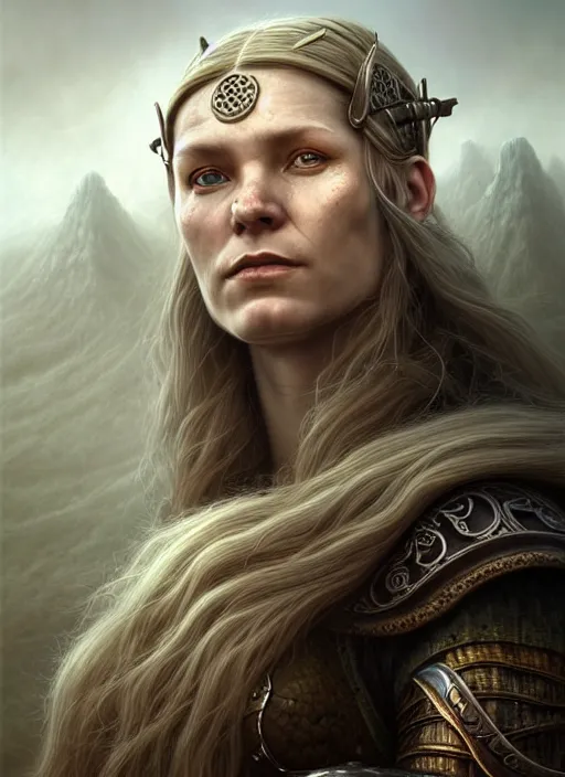 Image similar to closeup portrait shot of a female viking in a scenic dystopian environment, intricate, elegant, highly detailed, centered, digital painting, artstation, concept art, smooth, sharp focus, illustration, artgerm, tomasz alen kopera, peter mohrbacher, donato giancola, joseph christian leyendecker, wlop, boris vallejo