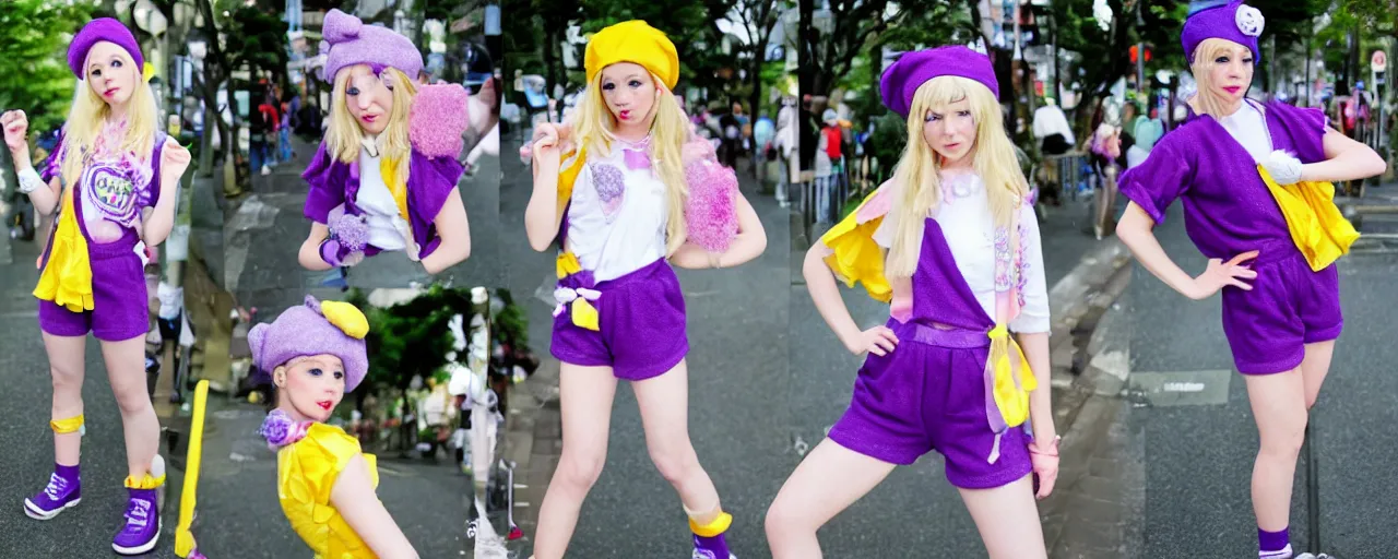 Prompt: A character sheet of a cute magical girl with short blond hair and freckles wearing an oversized purple Beret, Purple overall shorts, Short Puffy pants, pointy jester shoes, a big yellow scarf, and white leggings. Rainbow accessories all over. Photo Collage. By Seb McKinnon. Decora Fashion. harajuku street fashion. Cosplay. E-Girl. Kawaii Design. Intricate. Highly Detailed. Photorealistic. Sunlit