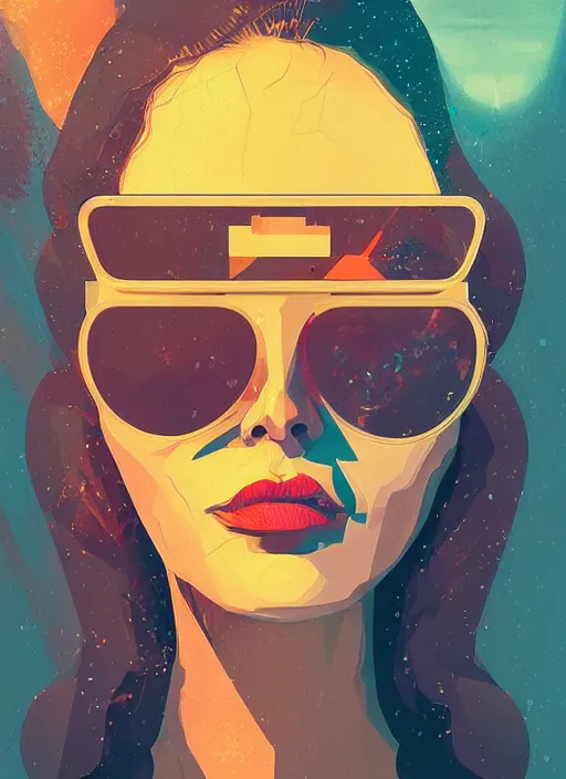 Prompt: a portrait of a beautiful girl wearing gold sun glasses, glowing eyes, cyborg, highly detailed, painted by Petros Afshar and James Gilleard