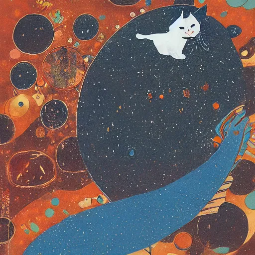 Image similar to cat floating in space , a mix media painting by Victo Ngai and Leonardo da Vinci and Natalia Goncharova