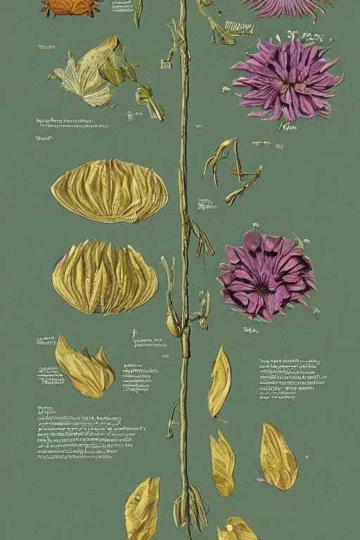 Image similar to scan of the flower petals of an old cursed herbarium by tim white, infographic, textbook, marginalia, cursed, alien, plant specimens, hortorium, scientific study