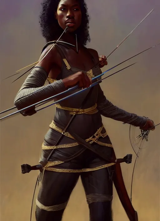 Image similar to full body portrait of beautiful black woman as a medieval archer, aiming her crossbow, cinematic and dramatic, highly detailed, digital painting, artstation, concept art, smooth, sharp focus, illustration, face by wlop, illustrated by mars ravelo and greg rutkowski