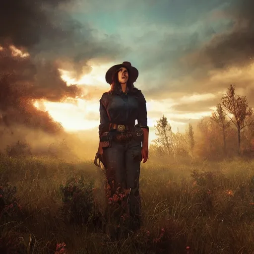 Prompt: fallout 5, charismatic beautiful, rugged, brunette female protagonist wearing a cowboy - hat, portrait, outdoors ruined rural environment, atmospheric lighting, painted, intricate, volumetric lighting, beautiful, spring, sharp focus, warm deep colours, ultra detailed, by leesha hannigan, ross tran, thierry doizon, kai carpenter, ignacio fernandez rios