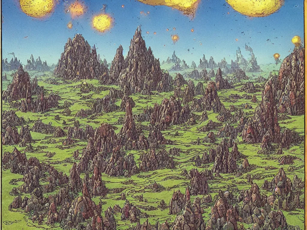 Image similar to fantasy landscape made by moebius with a 8 eyed humanoid god dealing cards over a medieval field