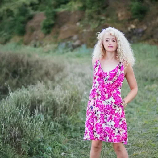 Image similar to young white girl, pink flowery dress, blond curly hair, causing mahem